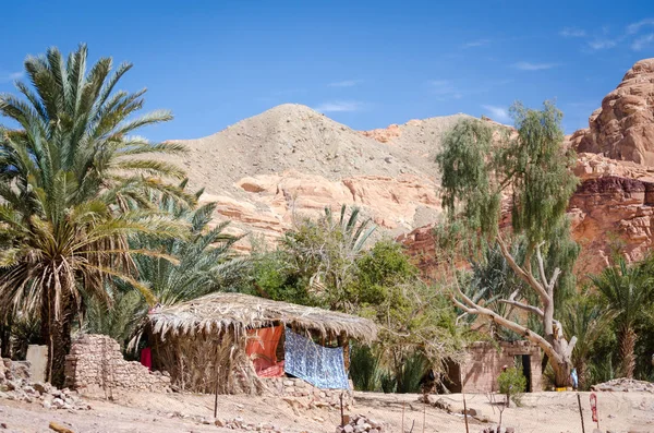 Pueblo beduino en un oasis en el desierto entre las montañas en — Foto de Stock