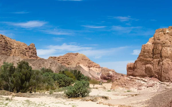 Oasis del desierto en medio de altas montañas rocosas en Egipto Daha — Foto de Stock
