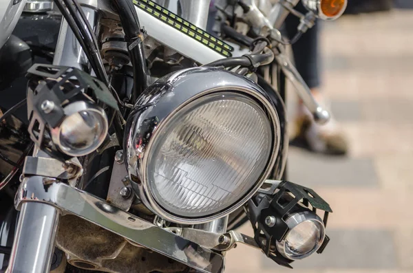 Chrome shiny chopper motorcycle headlight close up — Stock Photo, Image