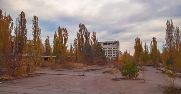 Rue et maisons parmi les arbres dans la ville abandonnée déserte vide de Pripyat — Photo