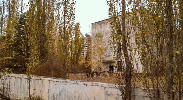 Straat en huizen tussen de bomen in de lege verlaten verlaten stad Pripyat — Stockfoto