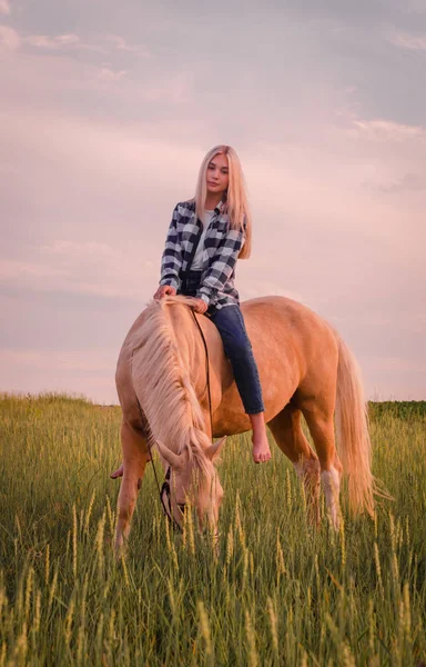 Joven chica rubia con vaqueros azules y una camisa a cuadros se sienta en un caballo en el campo — Foto de Stock