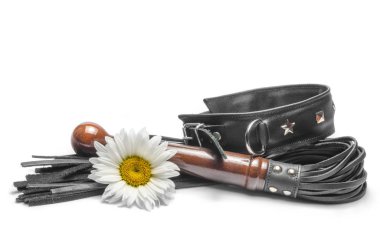 bdsm leather lash and black collar with yellow daisy flowers on a white background clipart
