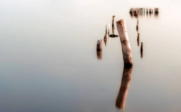 Columnas de madera en una superficie tranquila del agua —  Fotos de Stock