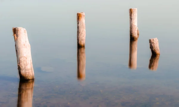 Wooden columns in a calm surface of the water — Stock Photo, Image