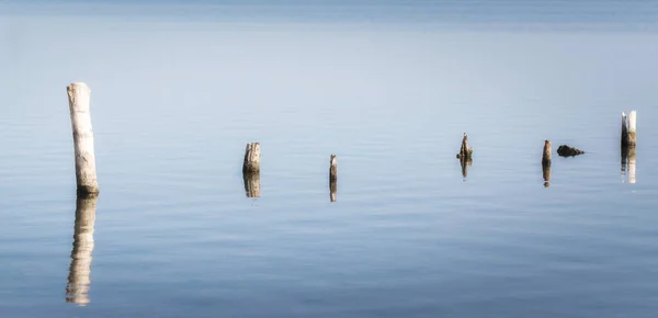 Postes de madera en aguas tranquilas del lago en la tarde otoño —  Fotos de Stock