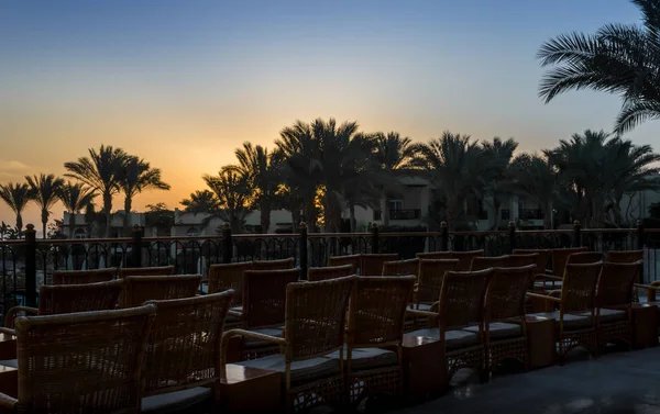 Paisaje amanecer cielo palmeras y hotel en Egipto — Foto de Stock