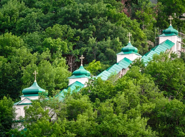 Yeşil Bir Ormanda Insansız Bir Hıristiyan Kilisesinin Kubbeleri — Stok fotoğraf