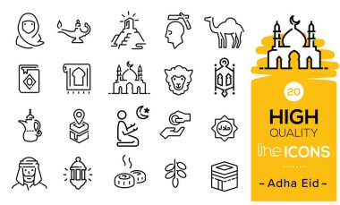Kurban Bayramı ikonları, tatlı, kandil, müslüman, namaz, hac süreci, dua simgeleri, bayram koyunu, cami, gelenekler sembolleri ve Arap öğeleri dahil olmak üzere ayarlayın.