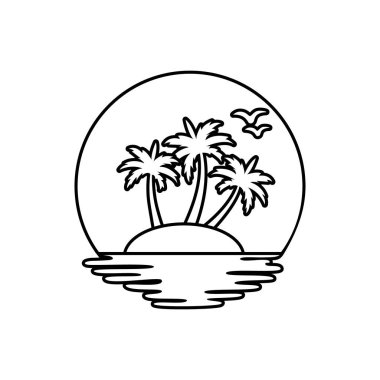 Beach satırı simgesi. Yaz tatil tasarım. Vektör çizim. Seyahat logosunu görmeniz gerekir. Dalgalar deniz güneş. Yeşil palmiye sahil üzerinde. Seyahat acentası, tropikal resort, beach otel, spa kavramı. Yaz tatil sembolü.