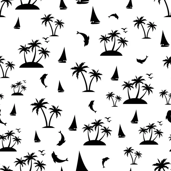 Letní Pozadí Palm Tree Loď Ryb Delfín Bezešvé Vzor Moře — Stockový vektor