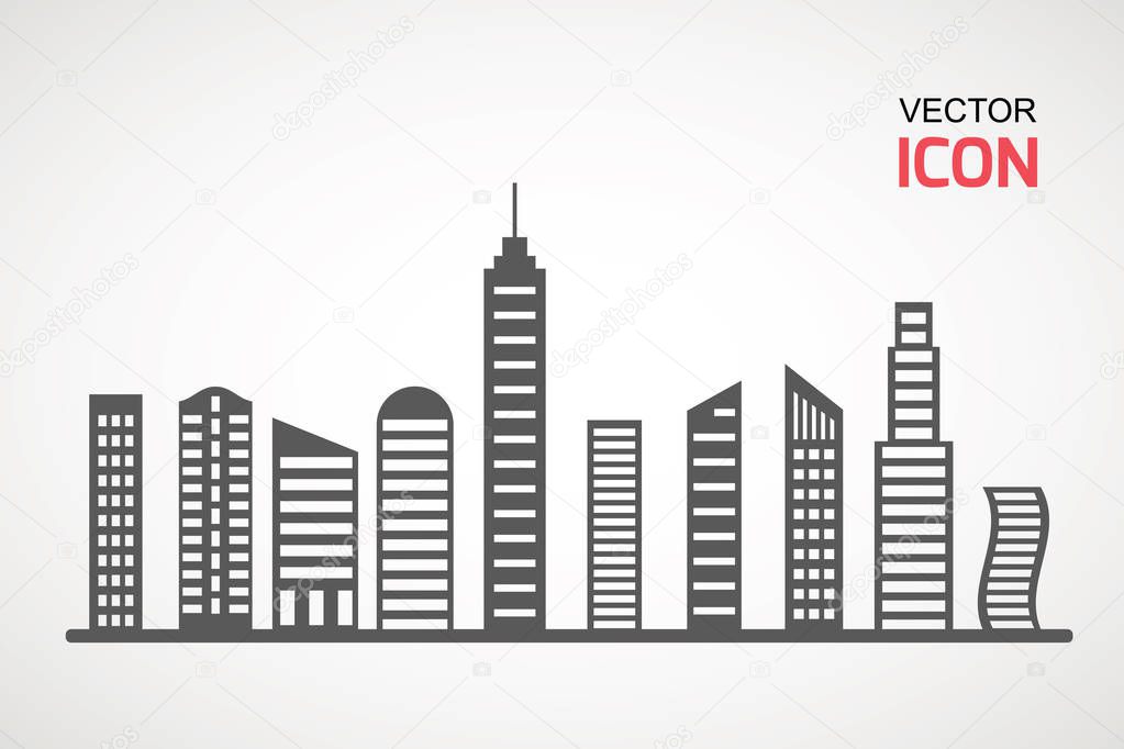 Flat Buildings, skyscrapers, business center, offices and houses vector illustration. Modern city, Urban landscape concept. Vector city buildings silhouette icons.