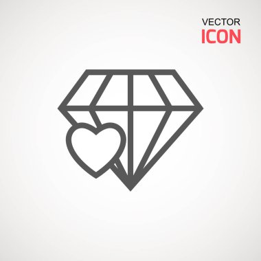 Elmas simge vektör. Elmas ve kalp işareti simgesi. Takı sembolü. Değerli taş. Grafik öğesi. Siluet basit. Logo kavramı. Logo tasarım şablonu. Basit düz sembolü. Beyaz arka plan üzerinde.