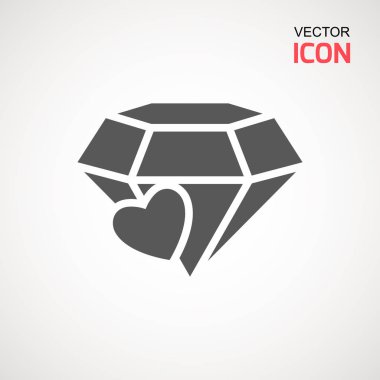 Elmas simge vektör. Elmas ve kalp işareti simgesi. Takı sembolü. Değerli taş. Grafik öğesi. Siluet basit. Logo kavramı. Logo tasarım şablonu. Basit düz sembolü. Beyaz arka plan üzerinde.