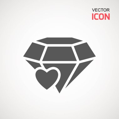 Elmas simge vektör. Elmas ve kalp işareti simgesi. Takı sembolü. Değerli taş. Grafik öğesi. Siluet basit. Logo kavramı. Logo tasarım şablonu. Basit düz sembolü. Beyaz arka plan üzerinde.