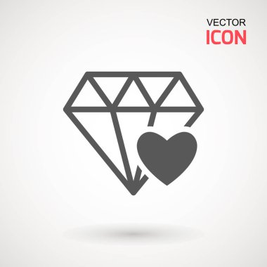 Elmas simge vektör. Elmas ve kalp işareti simgesi. Takı sembolü. Değerli taş. Grafik öğesi. Siluet basit. Logo kavramı. Logo tasarım şablonu. Basit düz sembolü. Beyaz arka plan üzerinde