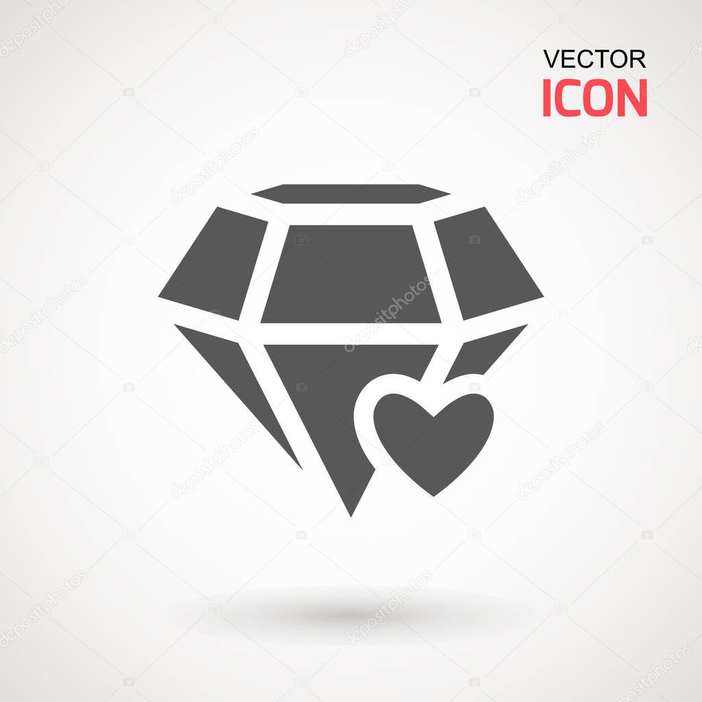 Diamond Icon Vector. Diamond and heart sign icon. Jewelry symbol. Gem stone. Graphic element. Silhouette simple. Logotype concept. Logo design template. Simple flat symbol.