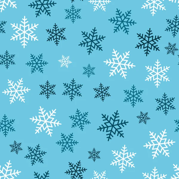 スノーフレークのシームレスなパターン 青の背景に雪が降る 抽象的な壁紙 装飾をラップします メリー クリスマス 新年あけましておめでとうございますお祝いベクトル図をシンボルします — ストックベクタ