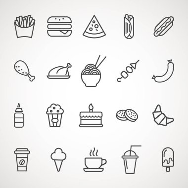 Fast Food Icons set. Daire basit Icon - beyaz arka plan üzerinde gri illüstrasyon.