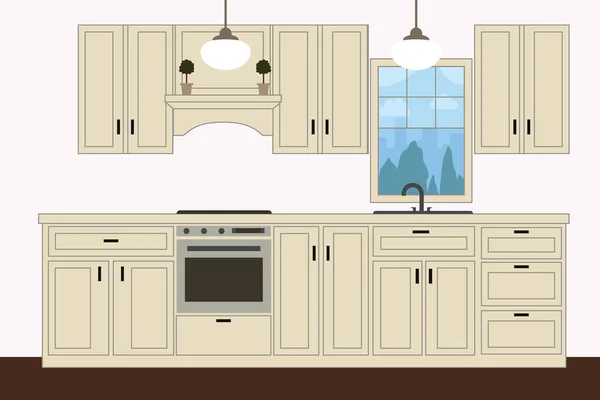 Muebles interiores de cocina modernos Diseño plano realista de la cocina de dibujos animados. Ilustración vectorial . — Vector de stock