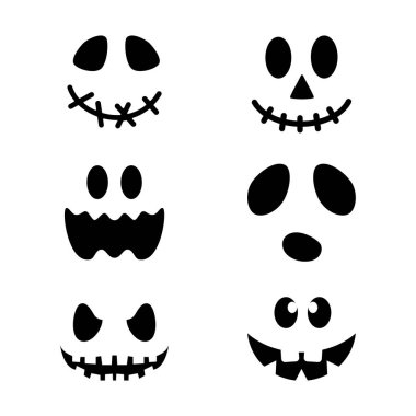 Cadılar Bayramı Balkabağı yüzler simgeler kümesi. Beyaz arka plan üzerinde izole korkunç yüzler. Cadılar Bayramı tebrik kartı afiş, broşür veya el ilanı için şablon. Vektör çizim