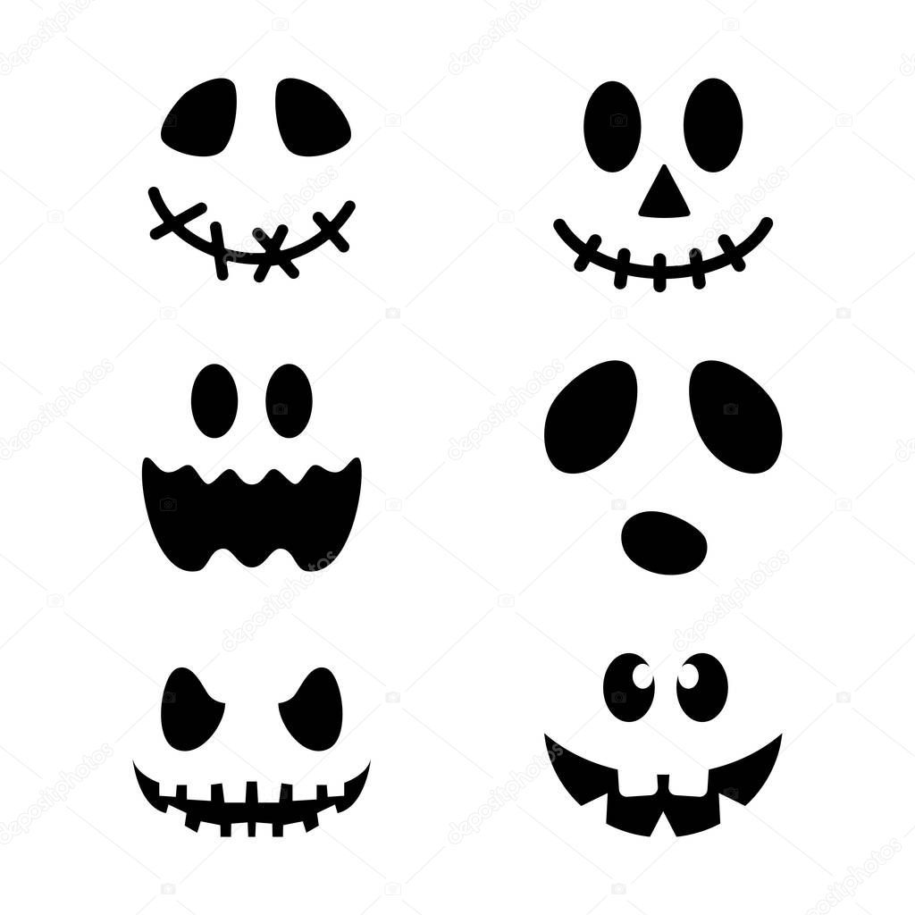 Halloween pumpkin faces icons set. Scary faces isolated on white background. Template for Halloween greeting card poster, brochure or flyer. Vector illustration