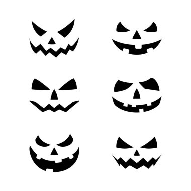 Cadılar Bayramı Balkabağı yüzler simgeler kümesi. Beyaz arka plan üzerinde izole korkunç yüzler. Cadılar Bayramı tebrik kartı afiş, broşür veya el ilanı için şablon. Vektör çizim