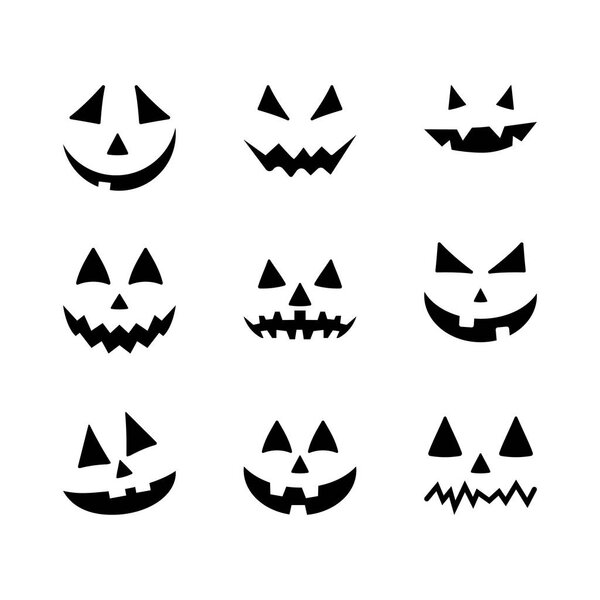 Halloween pumpkin faces icons set. Scary faces isolated on white background. Template for Halloween greeting card poster, brochure or flyer. Vector illustration