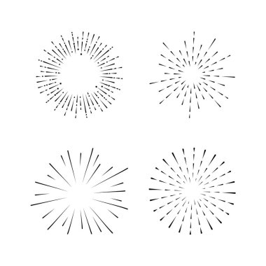 Işık ışınları, kuvvetli güneş ışığı ve güneş ışınlarının kümesi. Tasarım öğeleri, Doğrusal çizim, vintage hippi tarzı. Işık ışınları sunburst, ok, şerit vektör çizim
