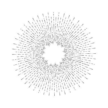 Işık ışınları, kuvvetli güneş ışığı ve güneş ışınlarının. Tasarım öğeleri, Doğrusal çizim, vintage hippi tarzı. Işık ışınları sunburst, ok, şerit vektör çizim