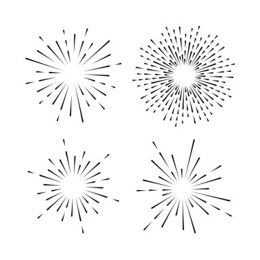 Işık ışınları, kuvvetli güneş ışığı ve güneş ışınlarının kümesi. Tasarım öğeleri, Doğrusal çizim, vintage hippi tarzı. Işık ışınları sunburst, ok, şerit vektör çizim
