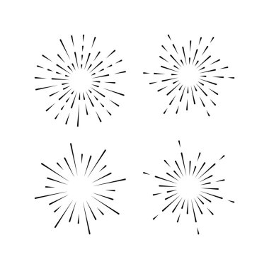 Işık ışınları, kuvvetli güneş ışığı ve güneş ışınlarının kümesi. Tasarım öğeleri, Doğrusal çizim, vintage hippi tarzı. Işık ışınları sunburst, ok, şerit vektör çizim