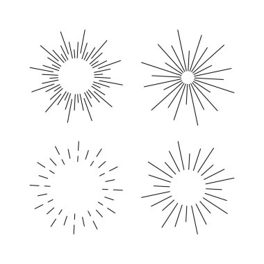 Işık ışınları, kuvvetli güneş ışığı ve güneş ışınlarının kümesi. Tasarım öğeleri, Doğrusal çizim, vintage hippi tarzı. Işık ışınları sunburst, ok, şerit vektör çizim