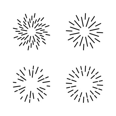 Işık ışınları, kuvvetli güneş ışığı ve güneş ışınlarının kümesi. Tasarım öğeleri, Doğrusal çizim, vintage hippi tarzı. Işık ışınları sunburst, ok, şerit vektör çizim