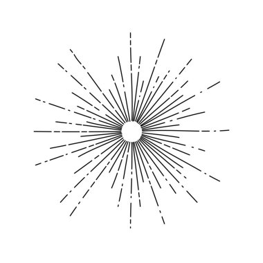 Işık ışınları, kuvvetli güneş ışığı ve güneş ışınlarının. Havai fişek simgesi. Tasarım öğeleri, Doğrusal çizim, vintage hippi tarzı. Işık ışınları sunburst, ok, şerit vektör çizim.