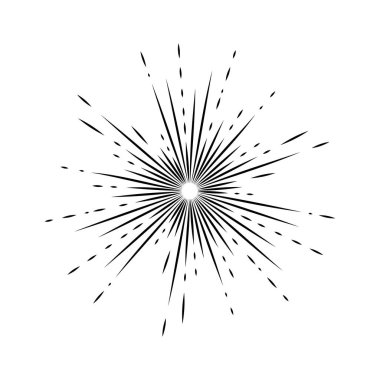 Işık ışınları, kuvvetli güneş ışığı ve güneş ışınlarının. Havai fişek simgesi. Tasarım öğeleri, Doğrusal çizim, vintage hippi tarzı. Işık ışınları sunburst, ok, şerit vektör çizim