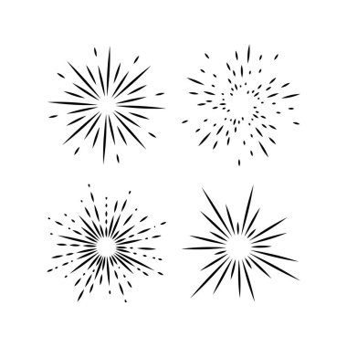 Işık ışınları, kuvvetli güneş ışığı ve güneş ışınlarının. Tasarım öğeleri, Doğrusal çizim, vintage hippi tarzı. Işık ışınları sunburst, ok, şerit vektör çizim.