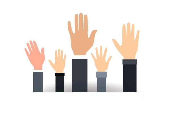 Raised hands volunteering vector concept. Voting rising hands vector concept in flat style — Stock Vector