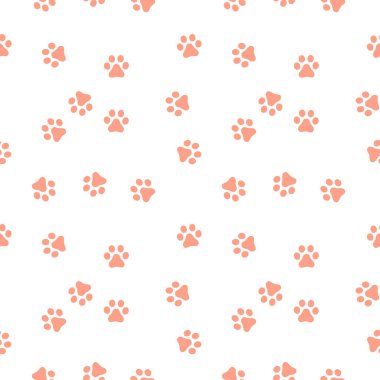 Köpek pençe Dikişsiz desen vektör ayak izi yavru kedi köpek yavrusu kiremit Mercan rengi arka plan tekrar duvar kağıdı izole karikatür çizim beyaz - vektör çizim