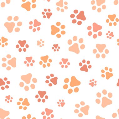 Köpek pençe Dikişsiz desen vektör ayak izi yavru kedi köpek yavrusu kiremit Mercan rengi arka plan tekrar duvar kağıdı izole karikatür çizim beyaz - vektör çizim