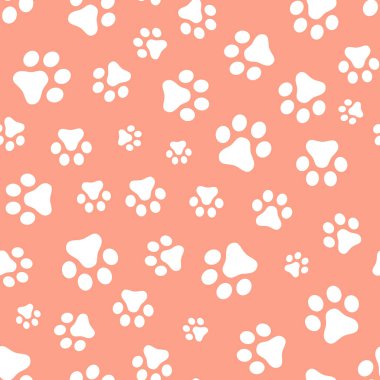 Köpek pençe Dikişsiz desen vektör ayak izi yavru kedi köpek yavrusu kiremit Mercan rengi arka plan tekrar duvar kağıdı izole karikatür çizim beyaz - vektör çizim