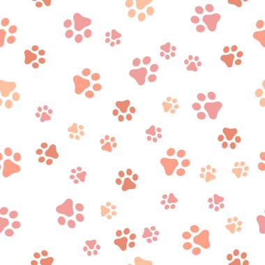 Köpek pençe Dikişsiz desen vektör ayak izi yavru kedi köpek yavrusu kiremit Mercan rengi arka plan tekrar duvar kağıdı izole karikatür çizim beyaz - vektör çizim