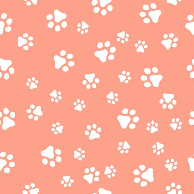 Köpek pençe Dikişsiz desen vektör ayak izi yavru kedi köpek yavrusu kiremit Mercan rengi arka plan tekrar duvar kağıdı izole karikatür çizim beyaz - vektör çizim