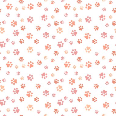Köpek pençe Dikişsiz desen vektör ayak izi yavru kedi köpek yavrusu kiremit Mercan rengi arka plan tekrar duvar kağıdı izole karikatür çizim beyaz - vektör çizim