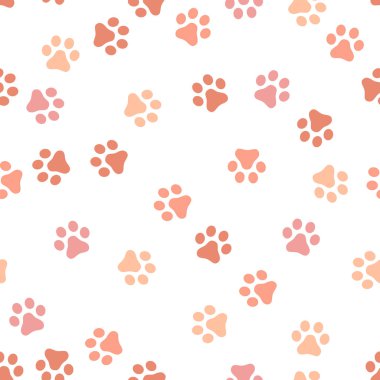 Köpek pençe Dikişsiz desen vektör ayak izi yavru kedi köpek yavrusu kiremit Mercan rengi arka plan tekrar duvar kağıdı izole karikatür çizim beyaz - vektör çizim