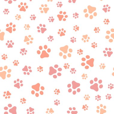 Köpek pençe Dikişsiz desen vektör ayak izi yavru kedi köpek yavrusu kiremit Mercan rengi arka plan tekrar duvar kağıdı izole karikatür çizim beyaz - vektör çizim