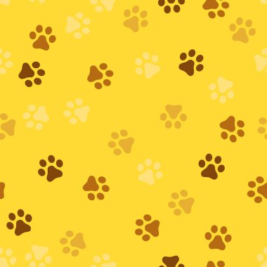 Köpek pençe Dikişsiz desen vektör ayak izi yavru kedi köpek yavrusu döşeme sarı arka plan tekrar duvar kağıdı izole karikatür çizim beyaz - vektör
