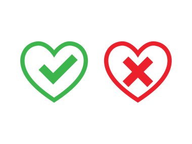 Kene ve haç işaretleri kalbinde. Onay işareti Tamam yeşil ve kırmızı X kutsal kişilerin resmi, basit grafik tasarım işaretler. Evet ve Hayır düğmesini oy, onay kutusu listesi simgeleri için semboller. Onay işaretleri vektör.