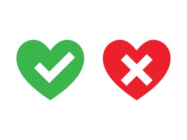 Kene ve haç işaretleri kalbinde. Onay işareti Tamam yeşil ve kırmızı X kutsal kişilerin resmi, basit grafik tasarım işaretler. Evet ve Hayır düğmesini oy, onay kutusu listesi simgeleri için semboller. Onay işaretleri vektör.