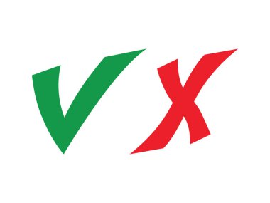 Kene ve haç işaretleri. Onay işareti Tamam yeşil ve kırmızı X kutsal kişilerin resmi, basit grafik tasarım işaretler. Evet ve Hayır düğmesini oy, onay kutusu listesi simgeleri için semboller. Onay işaretleri vektör